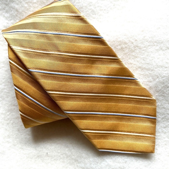 Brooks Brothers Makers Necktie Yellow & Pale Blue Striped Foulard Silk USA Made - Picture 1 of 4